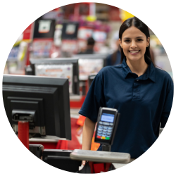 Woman standing in front of Cash Register.